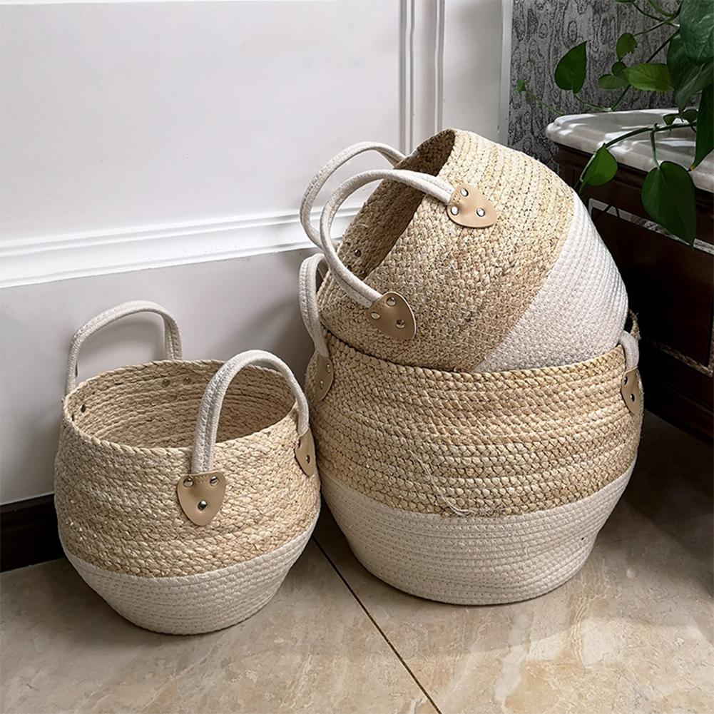 Two-Tone Woven Straw Storage Basket