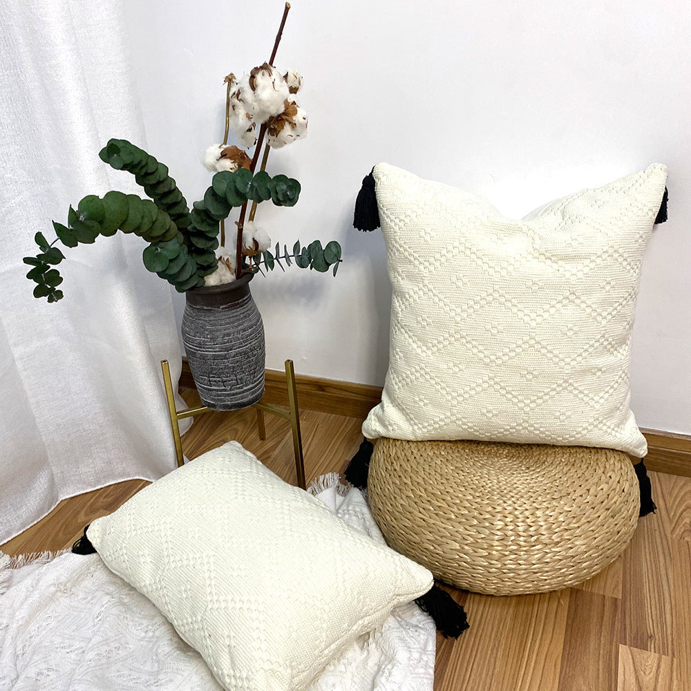 Cotton Woven Throw Pillow Cover with Tassel