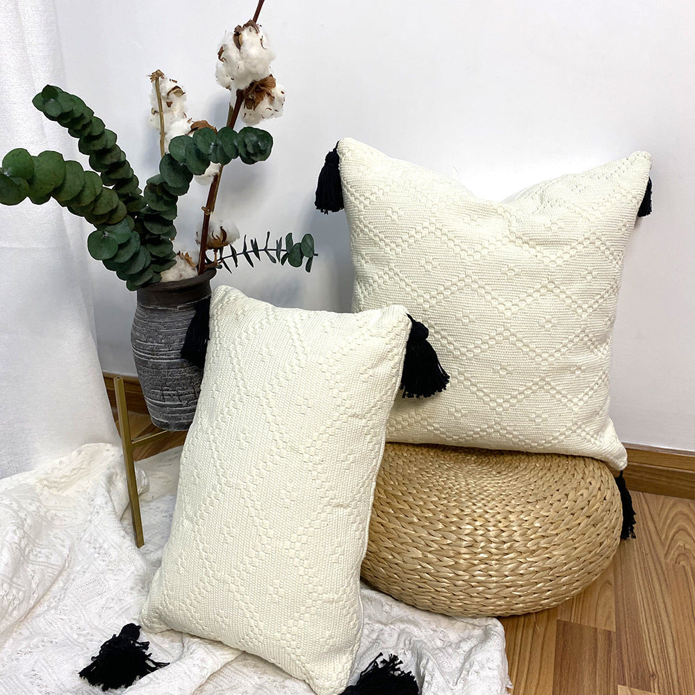 Cotton Woven Throw Pillow Cover with Tassel
