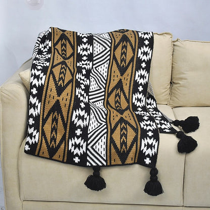 Bohemian Jacquard Knit Throw Blanket with Tassels