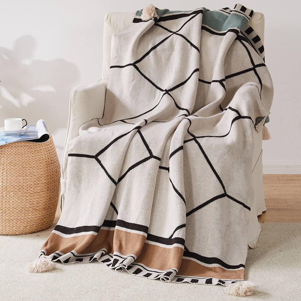 Bohemian Jacquard Knit Throw Blanket with Tassels